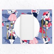 Rockabilly cats // normal scale // indigo blue background white pin-up cats in fancy red pink and navy blue outfits