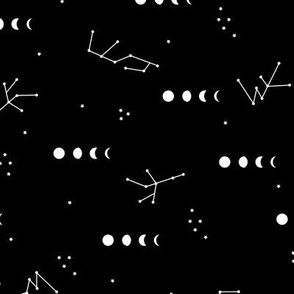 Moon phase constellation galaxy universe zodiac design night stars in trend colors winter monochrome black and white