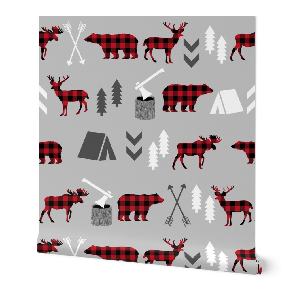 buffalo plaid woodland moose deer bear forest woodland trees camping canada kids - grey