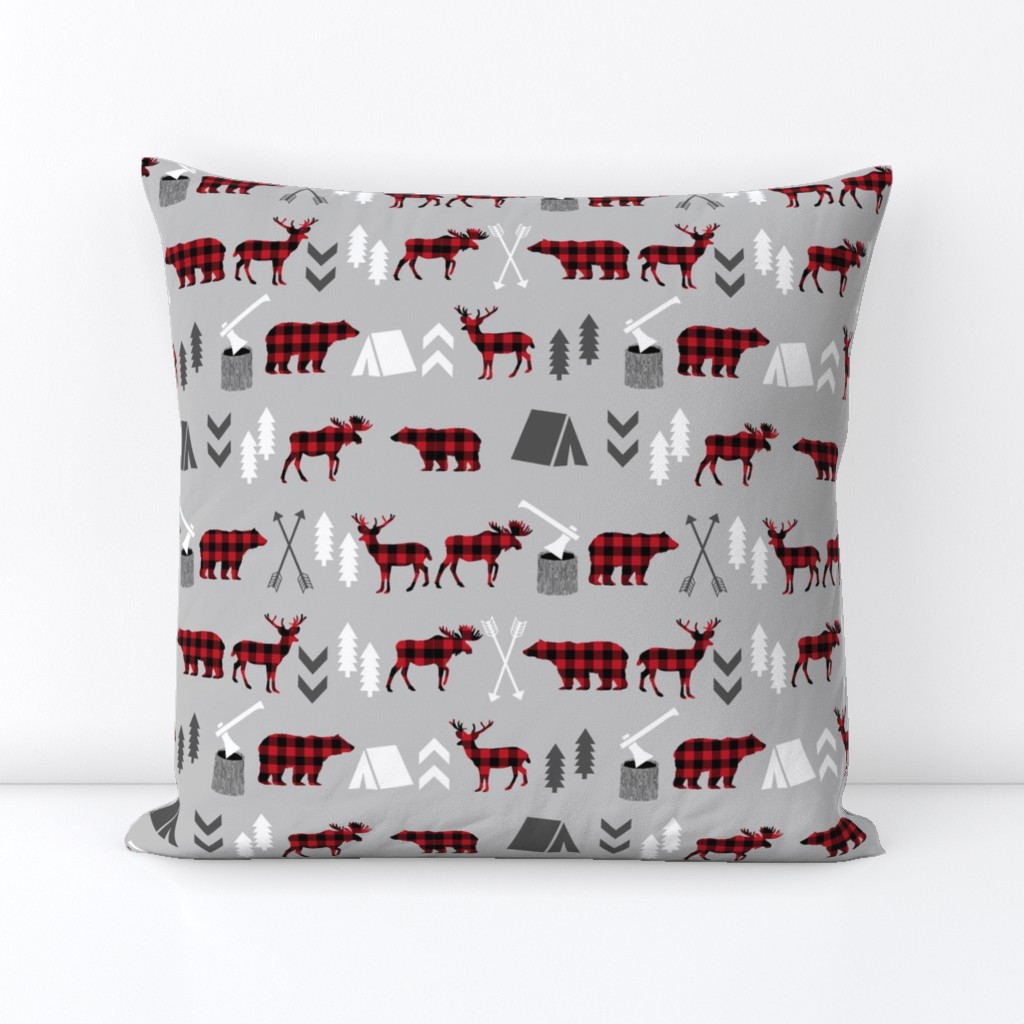 buffalo plaid woodland moose deer bear forest woodland trees camping canada kids - grey