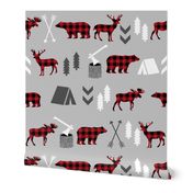 buffalo plaid woodland moose deer bear forest woodland trees camping canada kids - grey