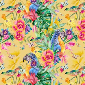 SMALL PARROT TROPICAL LUXURIANCE BUTTER YELLOW BIRDS FLOWERS BUTTERFLIES WATERCOLOR