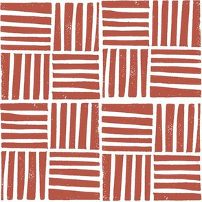 thatch fabric - hand printed fabric, linocut home decor fabric, stripes fabric, grid fabric, - red oxide