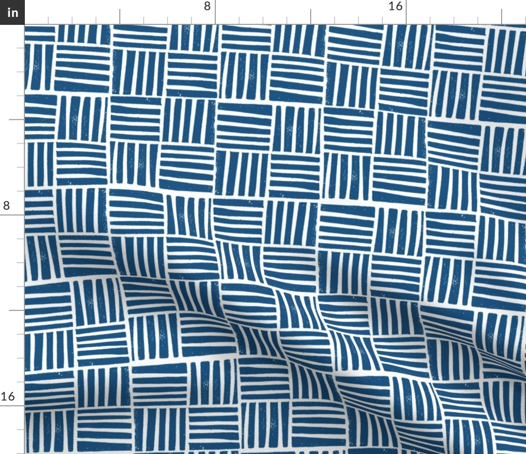 thatch fabric - hand printed fabric, linocut home decor fabric, stripes fabric, grid fabric, - petrol