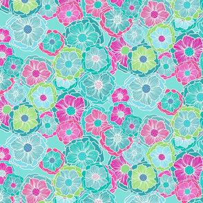 Illustrated Floral in Bright Pinks, Blues & Greens