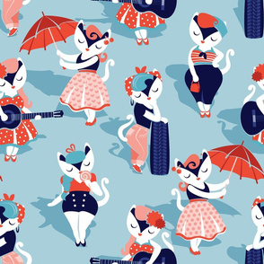 Rockabilly cats // normal scale // pastel blue background white pin-up cats in fancy orange and navy blue outfits