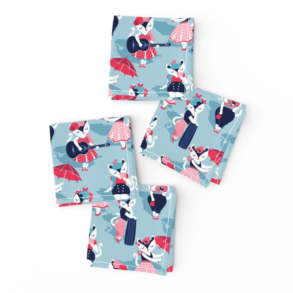 Rockabilly cats // small scale // pastel blue background white pin-up cats in fancy red pink and navy blue outfits