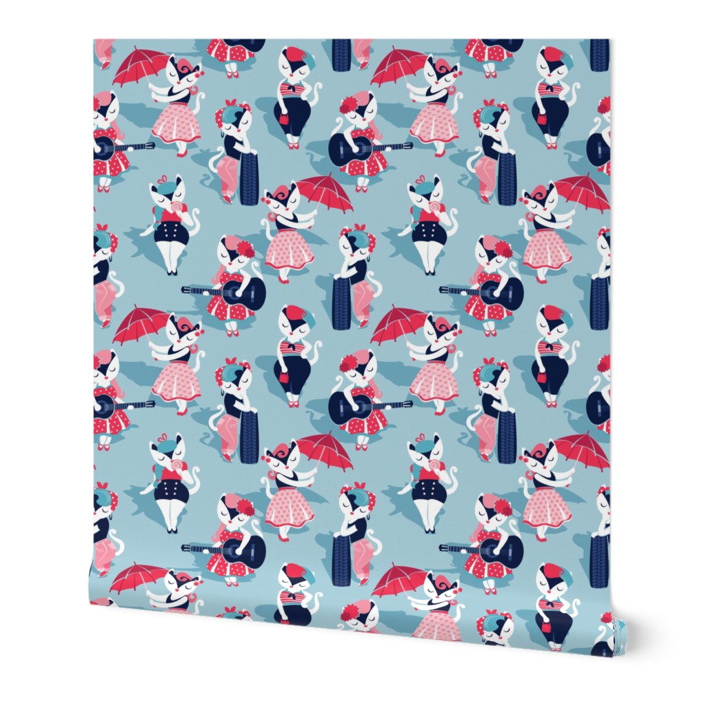 Rockabilly cats // small scale // pastel blue background white pin-up cats in fancy red pink and navy blue outfits