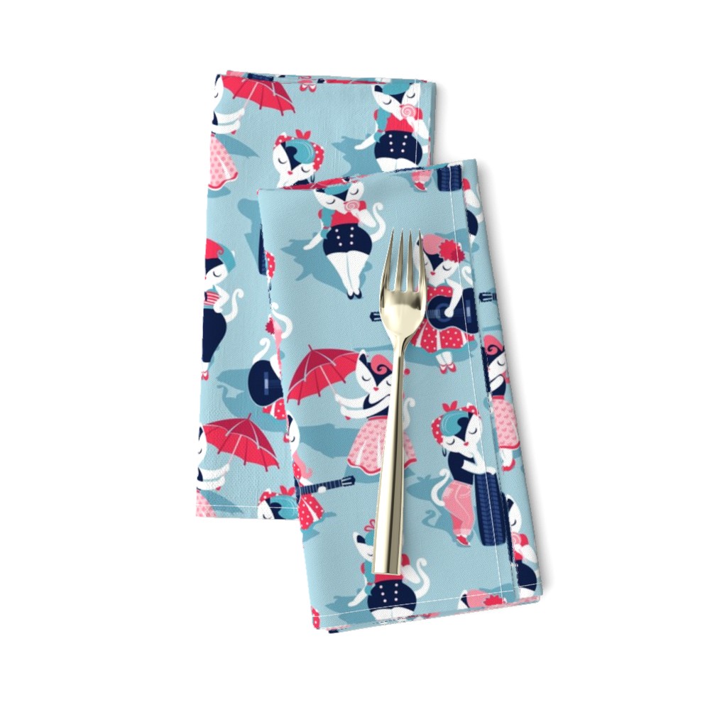 Rockabilly cats // small scale // pastel blue background white pin-up cats in fancy red pink and navy blue outfits