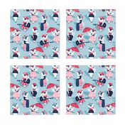 Rockabilly cats // small scale // pastel blue background white pin-up cats in fancy red pink and navy blue outfits