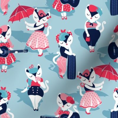 Rockabilly cats // small scale // pastel blue background white pin-up cats in fancy red pink and navy blue outfits