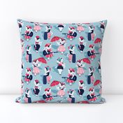 Rockabilly cats // small scale // pastel blue background white pin-up cats in fancy red pink and navy blue outfits