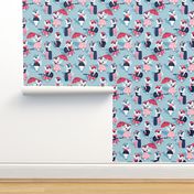 Rockabilly cats // small scale // pastel blue background white pin-up cats in fancy red pink and navy blue outfits