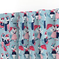 Rockabilly cats // small scale // pastel blue background white pin-up cats in fancy red pink and navy blue outfits