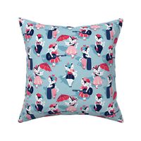 Rockabilly cats // small scale // pastel blue background white pin-up cats in fancy red pink and navy blue outfits