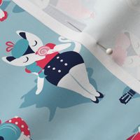 Rockabilly cats // small scale // pastel blue background white pin-up cats in fancy red pink and navy blue outfits