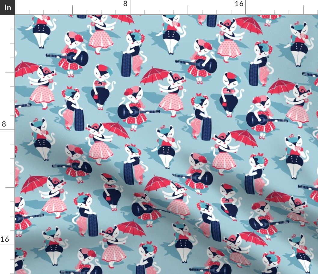 Rockabilly cats // small scale // pastel blue background white pin-up cats in fancy red pink and navy blue outfits