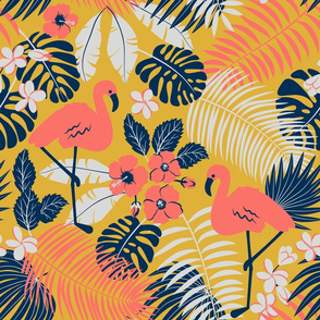 yellow tropical design with flamingo (medium scale)