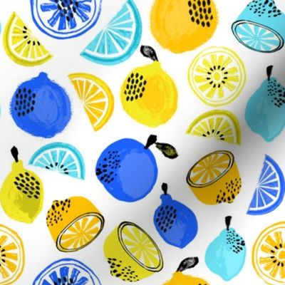 summer citrus fabric - oranges, lemons, limes, grapefruit, pomelos, citrus fruit fabric - yellow and blue