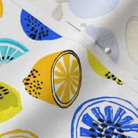 summer citrus fabric - oranges, lemons, limes, grapefruit, pomelos, citrus fruit fabric - yellow and blue