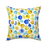 summer citrus fabric - oranges, lemons, limes, grapefruit, pomelos, citrus fruit fabric - yellow and blue