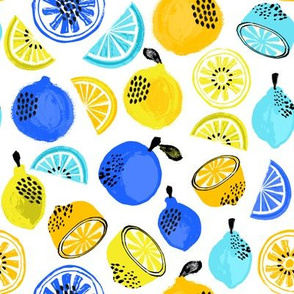 summer citrus fabric - oranges, lemons, limes, grapefruit, pomelos, citrus fruit fabric - yellow and blue