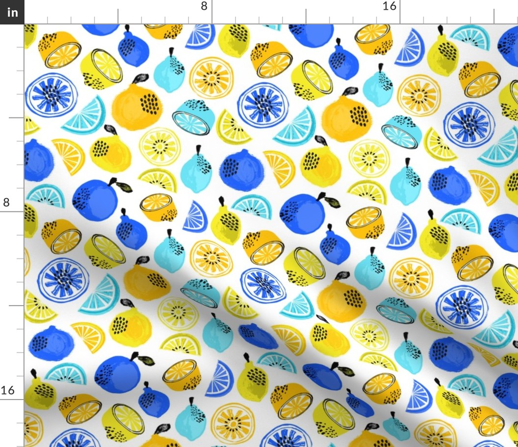 summer citrus fabric - oranges, lemons, limes, grapefruit, pomelos, citrus fruit fabric - yellow and blue