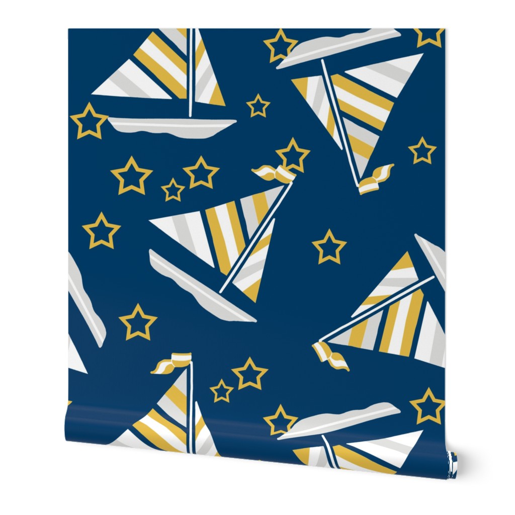 Mustard Gray and White Sails and Stars on Blue