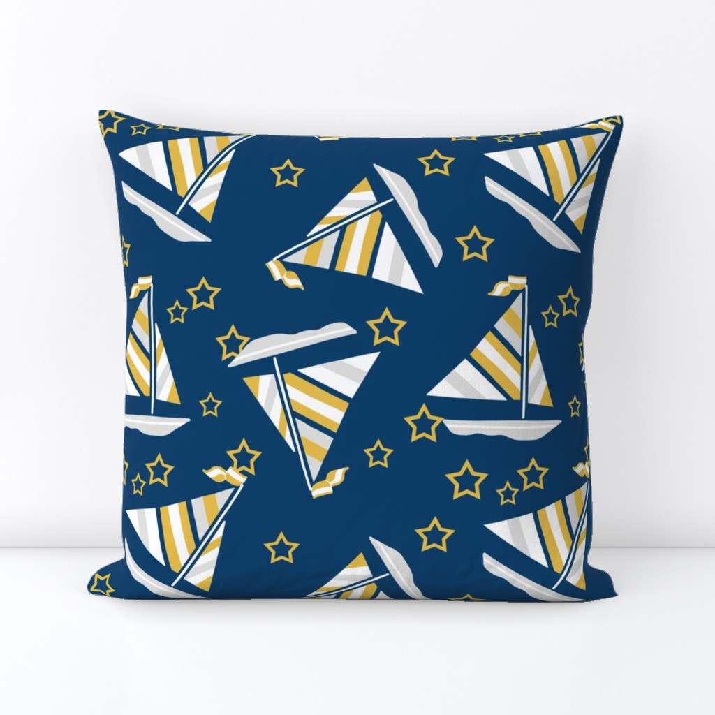 Mustard Gray and White Sails and Stars on Blue