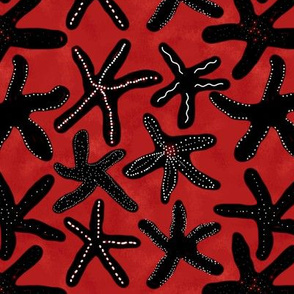 Painted Sea Stars on Red Batik