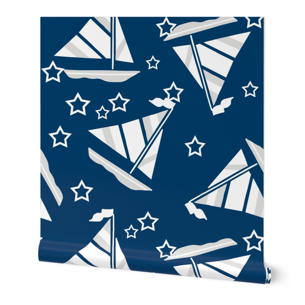 Blue Gray and White Sails and Stars on Blue