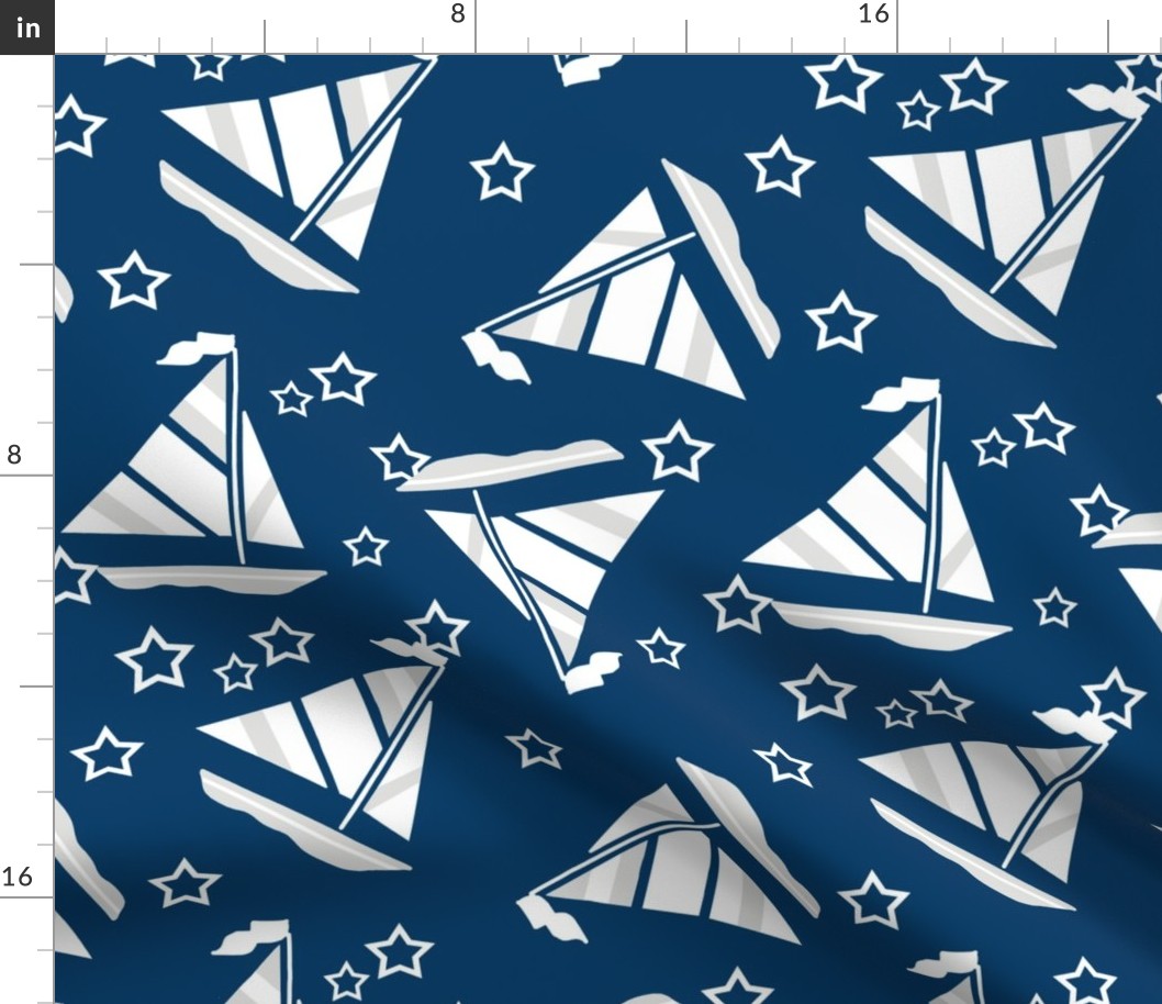 Blue Gray and White Sails and Stars on Blue