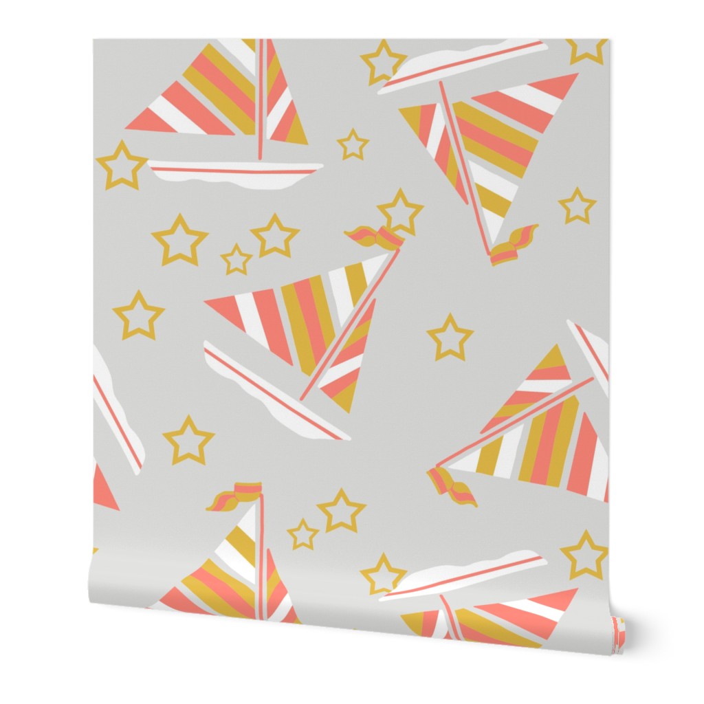 Mustard Coral and White Sails and Stars on Gray