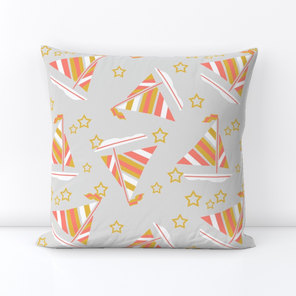 Mustard Coral and White Sails and Stars on Gray
