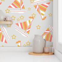 Mustard Coral and White Sails and Stars on Gray