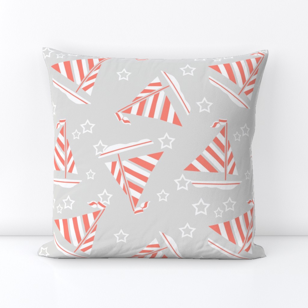 Coral and White Sails and Stars on Gray