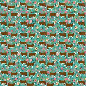 TINY - hereford cattle floral fabric - floral cow print, cow fabric, hereford cow fabric, - turquoise