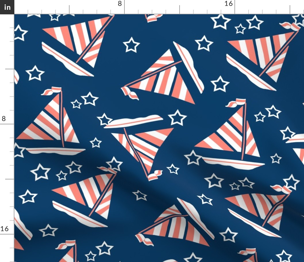 Coral and White Sails and Stars on Blue