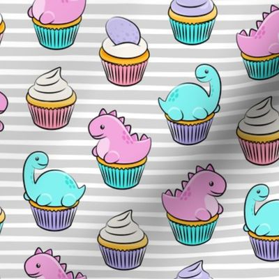 dinosaur cupcakes - dino birthday - trex - pink and purple on grey stripes LAD19