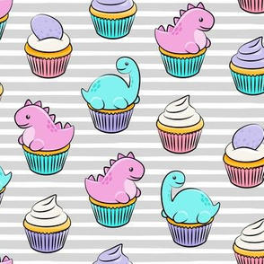 dinosaur cupcakes - dino birthday - trex - pink and purple on grey stripes LAD19