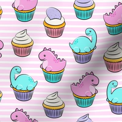 dinosaur cupcakes - dino birthday - trex - pink stripes LAD19