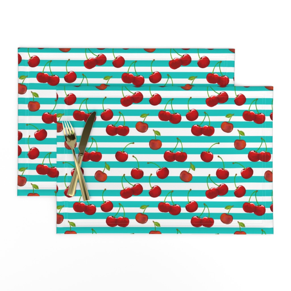 Sweet Cherries  Turquoise & White Stripes