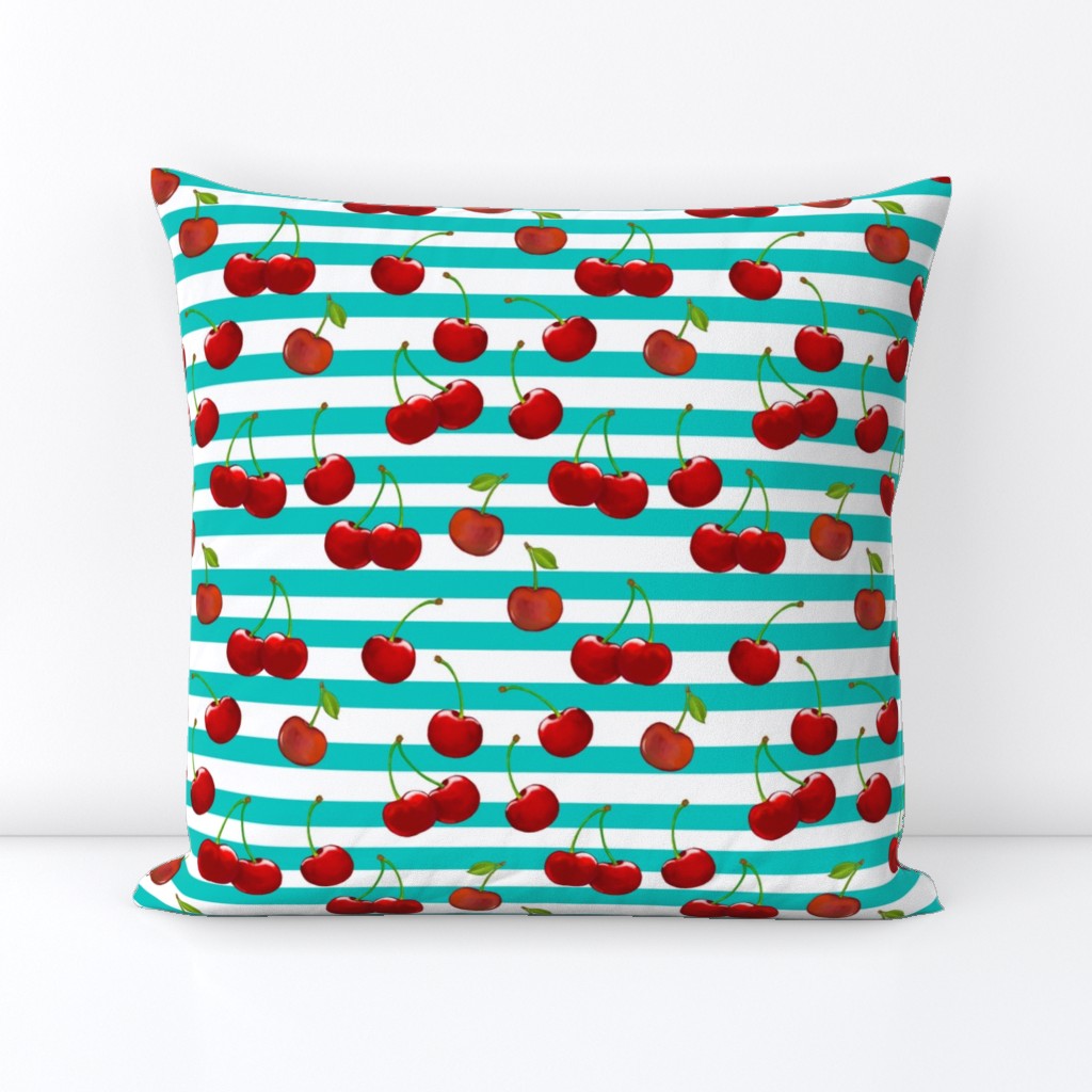 Sweet Cherries  Turquoise & White Stripes