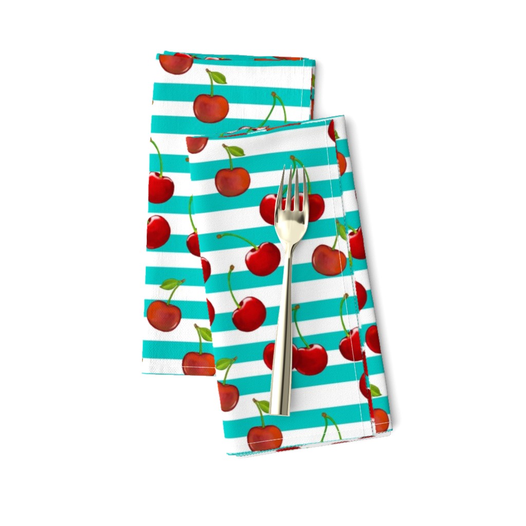 Sweet Cherries  Turquoise & White Stripes