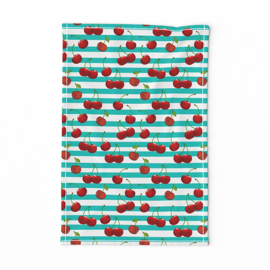 Sweet Cherries  Turquoise & White Stripes