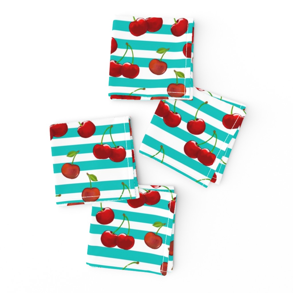 Sweet Cherries  Turquoise & White Stripes