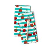 Sweet Cherries  Turquoise & White Stripes