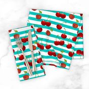 Sweet Cherries  Turquoise & White Stripes