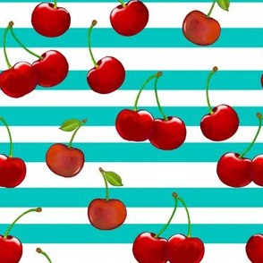 Sweet Cherries  Turquoise & White Stripes