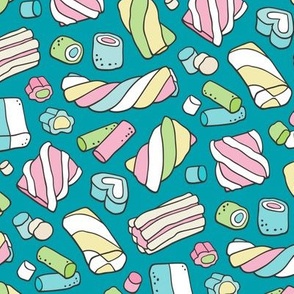 Marshmallows Candy Food on Teal Blue